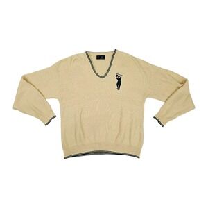 Vintage Isle of Cotton Golf Sweater Mens Size Large Yellow Knit Embroidered